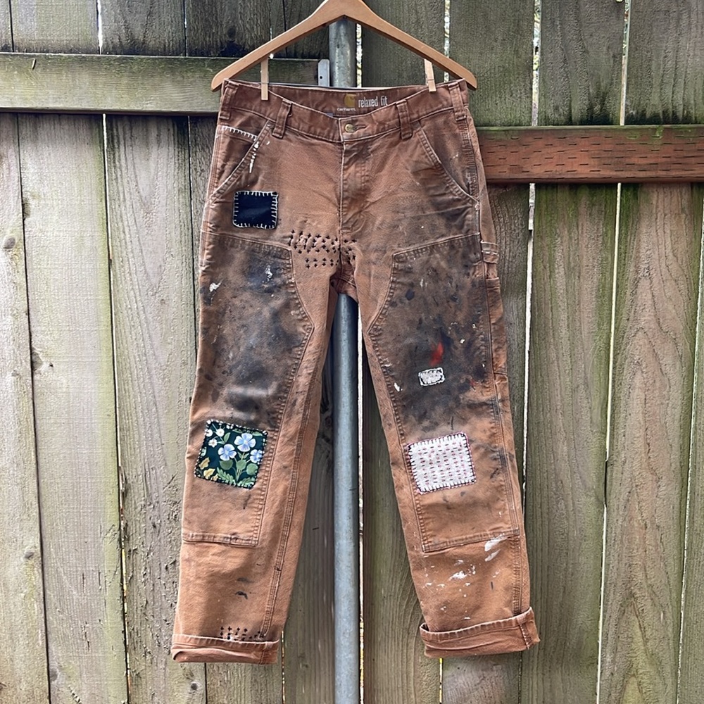 Reworked handsewn and patched Carhartt double knee carpenter work pants